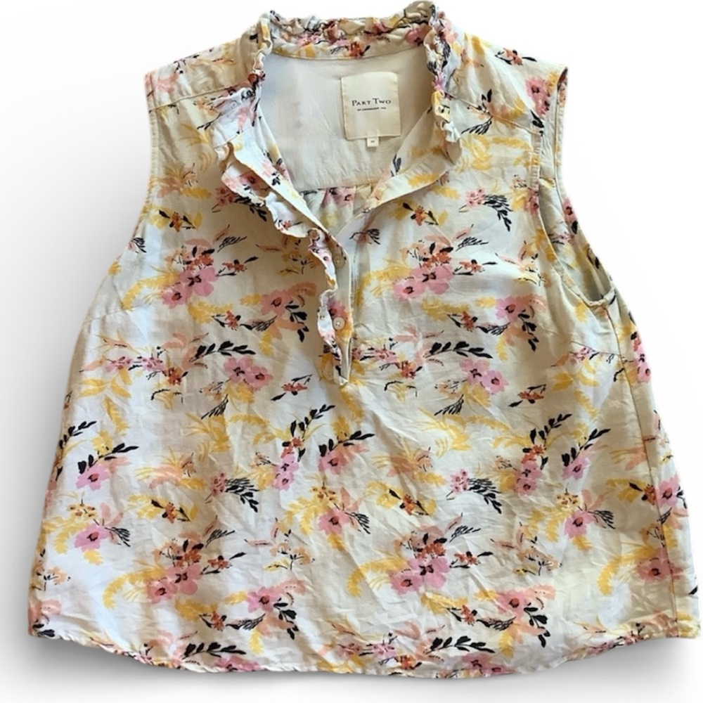 Part Two Quality Linen Cottagecore Grandma Summer Floral Sleeveless Blouse Shirt